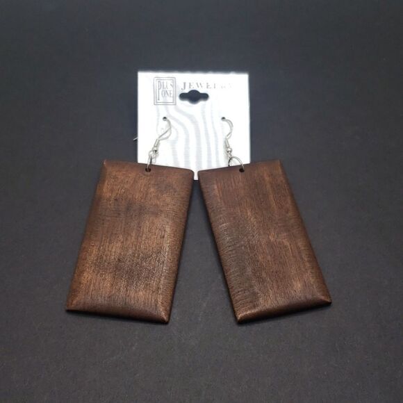 Boho Long Brown Wood Rectangle Block Earrings - Picture 4 of 5